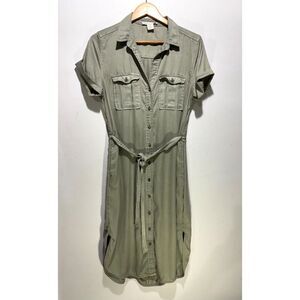 C&C California shirt dress button up tie waist muted green casual women L